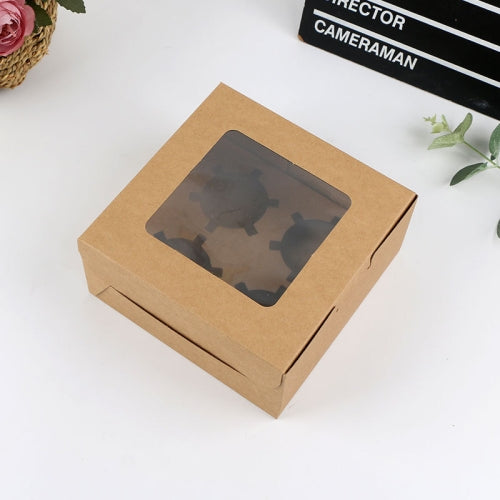 25 PCS Window Cupcake Packaging Box Muffin Cake Box With Inner Support, Specification: 4 In One (Kraft Paper)