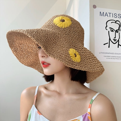 Ladies Summer Daisy Pattern Sun Hat Beach Sunscreen Big Brimmed Hat Straw Hat, Size: M (56-58cm)(Khaki)