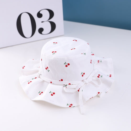 C0340 Children Fisherman Hat Cherry Print Pattern Girls Basin Hat, Size: Around 51cm(White)
