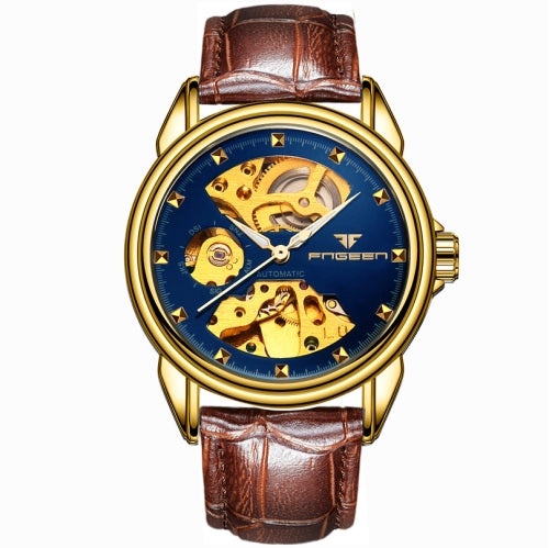 FNGEEN 8818 Men Automatic Mechanical Watch Double-Sided Hollow Watch(Leather Gold And Blue Surface)