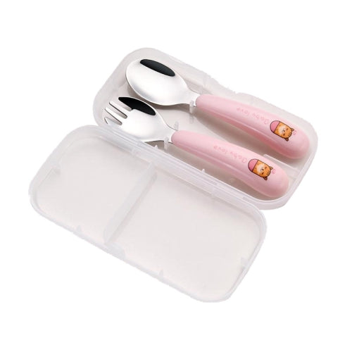 2 Sets Children Cartoon Animal Shape Portable Tableware Stainless Steel Cartoon Spoon Fork Set(Cat Pink)