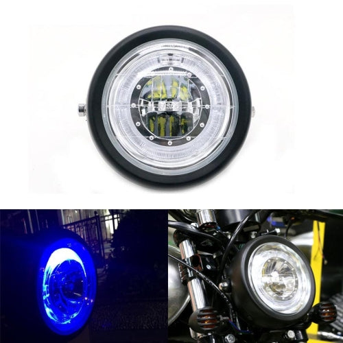 Motorcycle Modified Retro LED Angel Eye Headlight(Black Shell Blue Circle White Light)