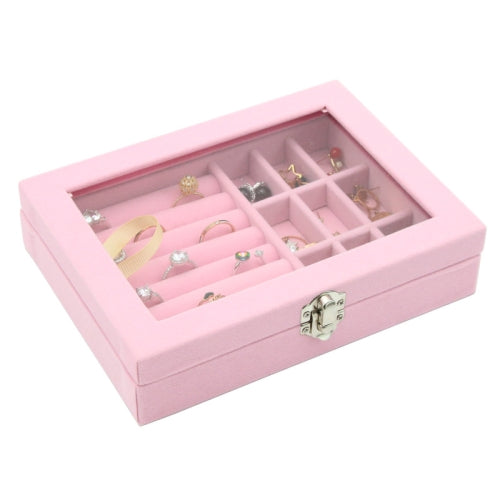 Home Glass Lid Flannel Storage Jewelry Box With Lid(9 Grids Pink)