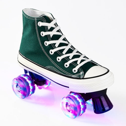 Flash Roller Skates Shoes Adult Children Four-Wheel Canvas Roller Skates Shoes Double Row Roller Skates Shoes, Size: 32(Dark Green+ Special Bag)