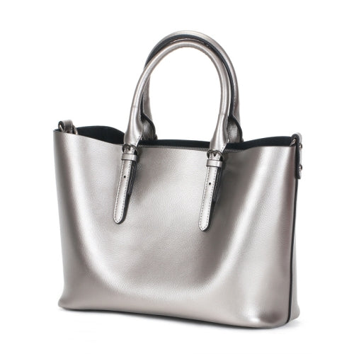 L5032 Large Capacity Messenger Women Bag Cowhide Commuter Tote Shoulder Bag, Colour: Silver
