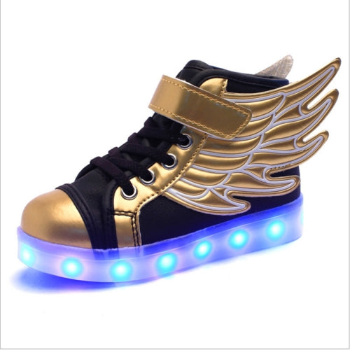 USB Charging Wings Colorful Luminous Shoes Flash Casual Kids Shoes, Size: 25(Black Gold)