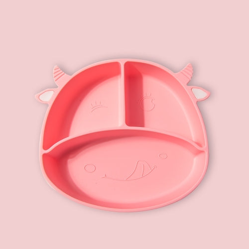 M010094 Children Silicone Dinner Plate Gridded Anti-Fall Eating Bowl Baby Cartoon Complementary Food Non-Slip Suction Cup Bowl(Cow-Pink)