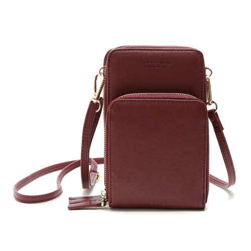 Ladies Mobile Phone Bag PU Vertical Large Capacity Mobile Phone Single-Shoulder Messenger Bag(Red Wine)