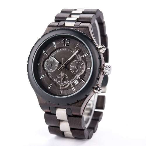 D21 Men Wooden Strap Stainless Steel Luminous Waterproof Watch(Black)