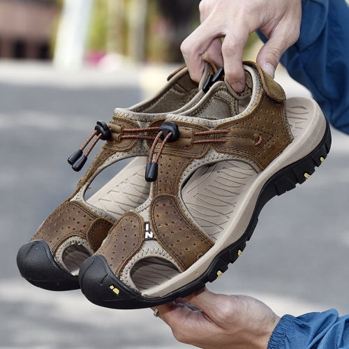 Summer Large Size Men Beach Shoes Leather Breathable Wading Casual Sandals, Size: 41(Dark Brown)