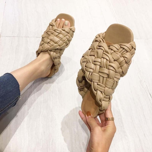 Women Summer Open-Toed Sandals Woven Flat Slippers, Size: 36(Khaki)