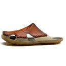 Summer Men Leather Slippers Casual Large Size Flat Beach Shoes, Size: 40(Red Brown)