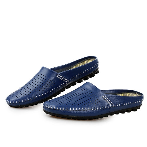 Summer Hollow Men Sandals Breathable Soft Men Casual Slippers Leather Shoes, Size: 44(Dark Blue)