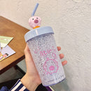 Summer Cartoon Pig Crushed Ice Cup Portable Stirring Straw Cup Cartoon Double Layer Plastic Cup(Glacial Blue)