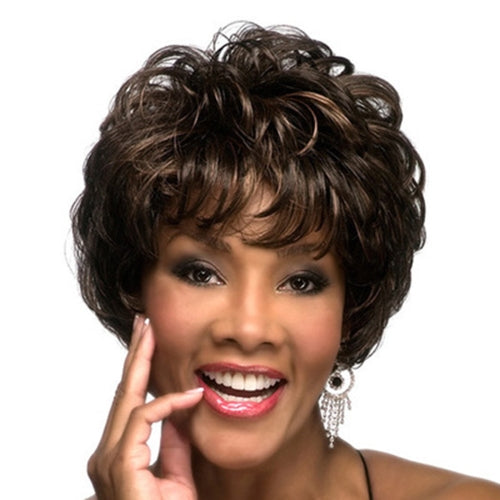 Ladies Oblique Bangs Fluffy Pick Color Wig Short Curly Hair Hood(Black Brown)