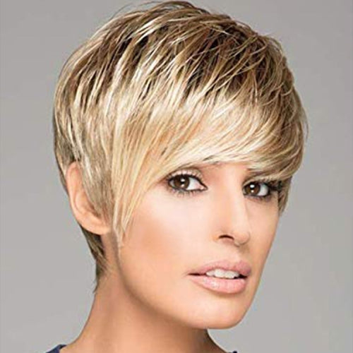 Ladies Short Straight Hair Oblique Bangs Wig and Chemical Fiber Headgear