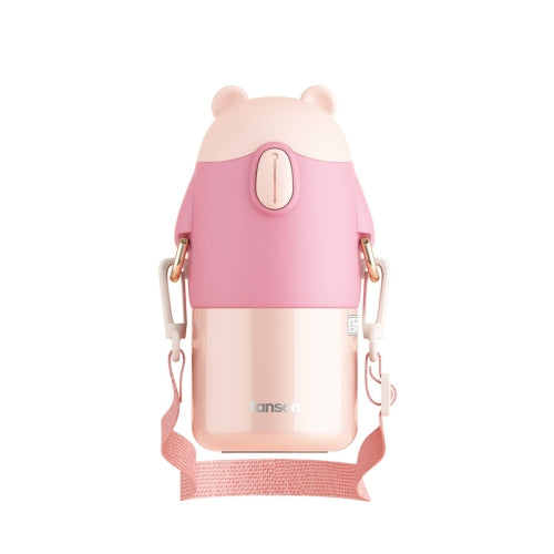 Children Cartoon Bear Portable Stainless Steel Vacuum Flask With Straw(Peach Pink)