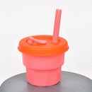 Children Silicone Straw Cups Drop And High Temperature Resistant Water Cups Cherry Blossom Pink Cup + Orange Cover(300ml)