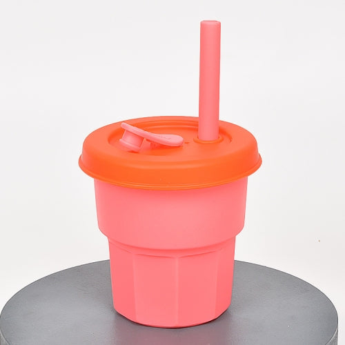 Children Silicone Straw Cups Drop And High Temperature Resistant Water Cups Cherry Blossom Pink Cup + Orange Cover(400ml)