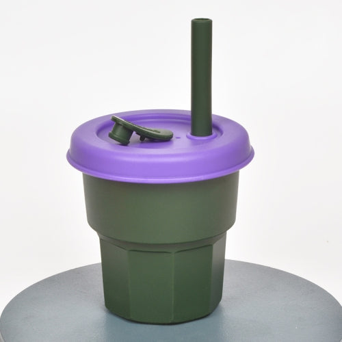 Children Silicone Straw Cups Drop And High Temperature Resistant Water Cups Ink Green Cup + Purple Cover(400ml)