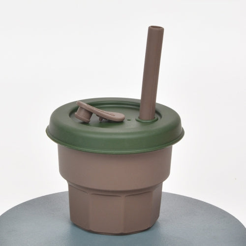 Children Silicone Straw Cups Drop And High Temperature Resistant Water Cups Brown Cup+Ink Green Cover(300ml)