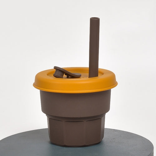 Children Silicone Straw Cups Drop And High Temperature Resistant Water Cups Brown Cup + Turmeric Cover(300ml)