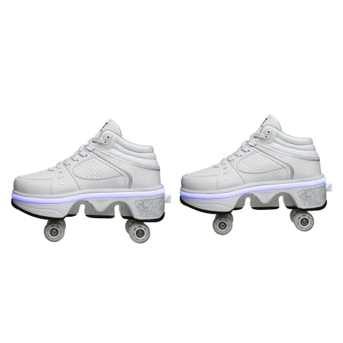 Two-Purpose Skating Shoes Deformation Shoes Double Row Rune Roller Skates Shoes, Size: 40(High-top With Light (White))