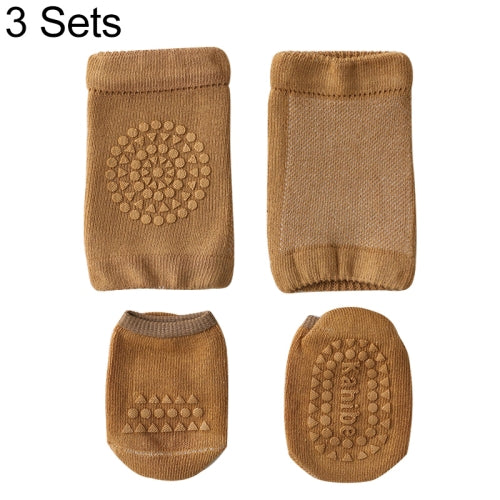 3 Sets Summer Children Knee Pads Baby Floor Socks Baby Non-Slip Crawling Sports Protection Suit M 1-3 Years Old(Brown)