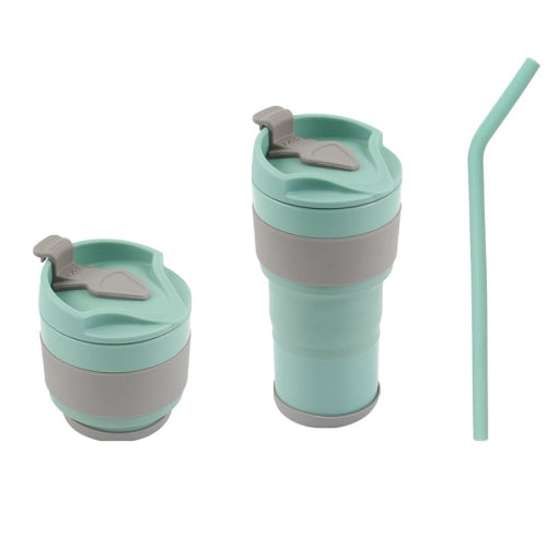 380ml Outdoor Travel Silicone Folding Eater Cup Sports Portable Retractable Compression Cup, Colour: Green Cup+Cyan Straw