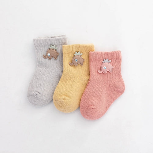 3 Pairs Children Socks Combing Cotton Neonatal Baby Socks Suitable Age: 6-12 Months(Small Elephant Gray+Yellow+Pink)