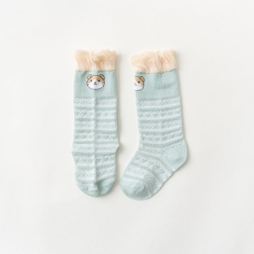 5 Pairs Children Socks Middle Tube Mesh Cotton Cartoon Baby Over Knee Anti-Mosquito Socks Size: S 0-1 Years Old(Fruit Green Cat)