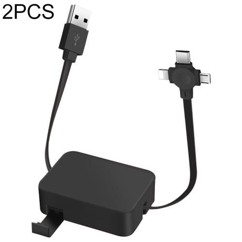 2 PCS 3A USB To 8Pin + Micro USB + USB-C / Type-C Telescopic Three-In-One Data Cable with Mobile Phone Holder Data Cable, Length: 1m(Cool Black)