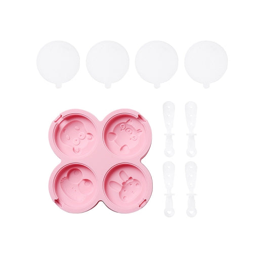 2 PCS Homemade Cartoon Animal Shape DIY Popsicle Ice Cream Mold With Lid Silicone Ice Tray, Specification: 4 Even (Pink)