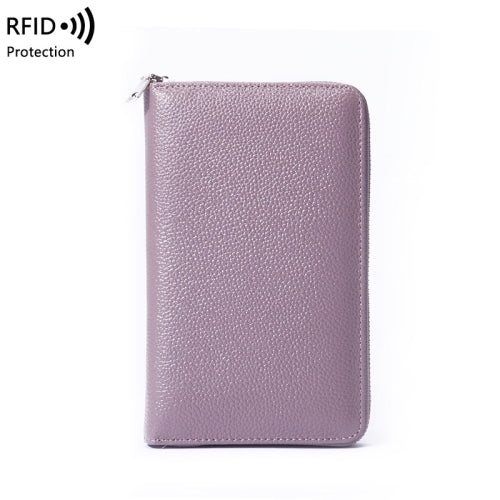 1659 Leather Belly Passport Bag RFID Long Wallet Men And Women Documents Package Multi-Function Zipper Mobile Phone Package(Lavender Purple)