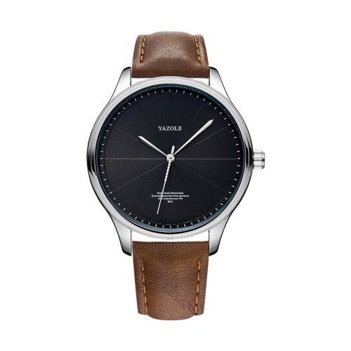 YAZOLE 503 Simple Line Pattern Dial Men Quartz Watch(Silver Shell Black Tray Brown Belt)