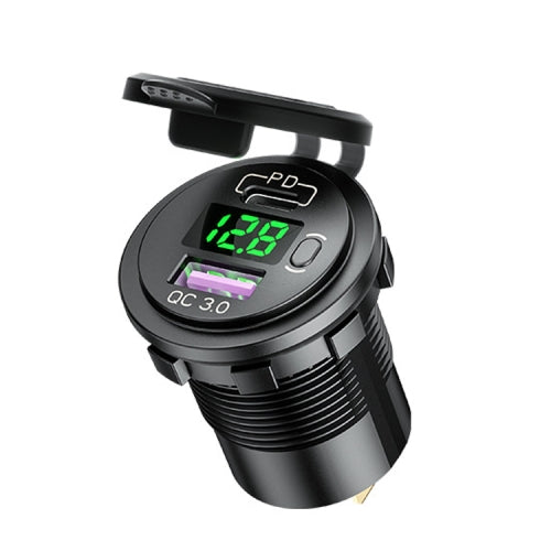12V Modified Car USB Charger With Voltage Display PD QC3.0 Socket(Green Light)