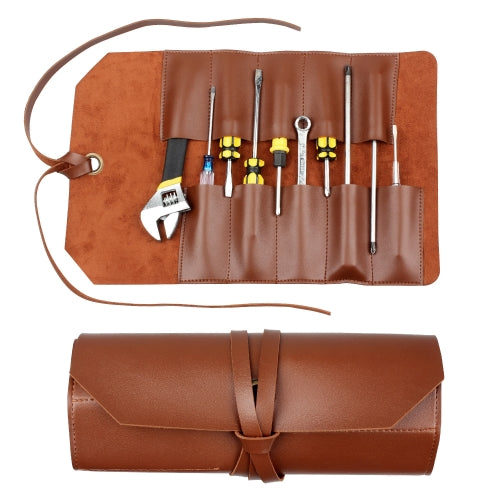 CL97 Multi-Function Toolkit Bundled Leather Tool Bag Double Thickened Two-Purpose Wrench Bag(Brown)