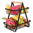 Double-Layer Portable Wrought Iron Basket Foldable Kitchen Storage Basket Shelf Fruit Basket(Black )