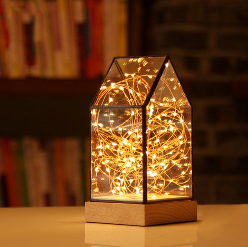 Fireworks Glass Lampshade Wooden Base 100 LEDs Night Light Birthday Christmas Gift, Spec: Button Switch(Firefly House )