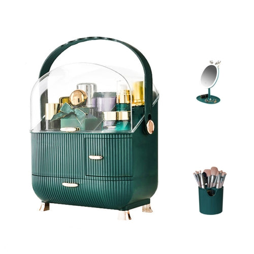 Cosmetic Storage Box Household Desktop Dustproof Large-Capacity Lipstick Skin Care Product Rack, Colour: Green + Pen Brush + Mirror