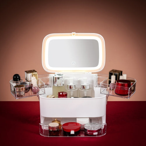 Cosmetic Storage Box Dustproof Skin Care Products Desktop LED With Mirror Shelf, Colour: White Small LED Light Model