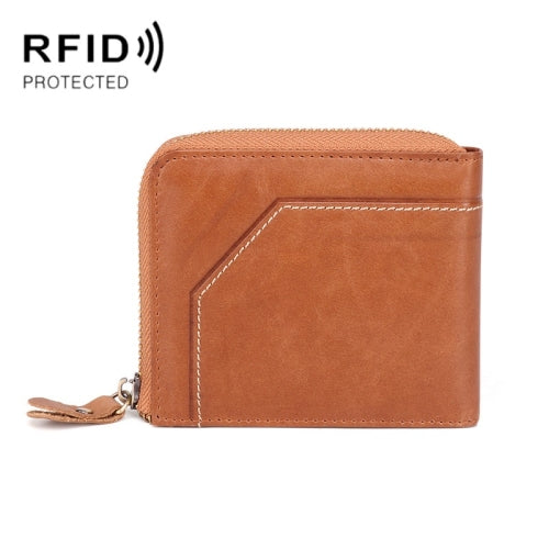 2085 Men Cowhide Business RFID Wallet Multi-Card Slot Short Zipper Coin Purse(Yellow Brown)