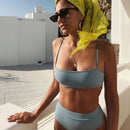 Sexy Solid Padded Bra Spaghetti Strap High Waist Biquini Swimsuit Swimwear for Women, Size:L(Blue)