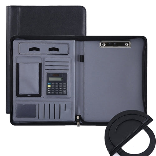 KC601 A4 Multifunctional Portable Folder Business Zipper Bag Leather Folder, Style: No Chargeable With Calculator No Memo Pad (Black)