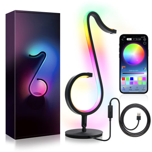 RGB Symphony Musical Note Shape Table Lamp APP + Remote Control Night Light Bedroom Bedside Wall Lamp( Black)