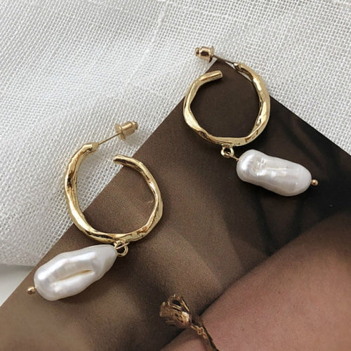 Freshwater Pearl Hoop Earrings Sterling Silver Pin Geometric Circle Earrings Women Jewelry(Gold)