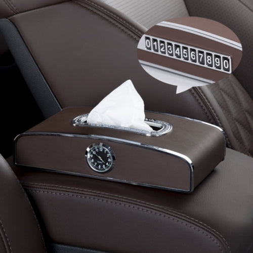 Car Clock Tissue Box Multi-Function Vehicle Instrument Table Paper Towel Box, Style: Clock+Parking Card (Mocha Brown)