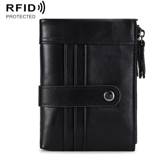 FX-199 Leather Retro Men Double Zipper Short Wallet Anti-RFID Casual Wallet Coin Purse(Black)