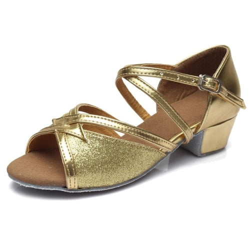 Tango Salsa Latin Low Heel Soft Bottom Dance Shoes for Girls & Women, Shoe Size:25(Gold)