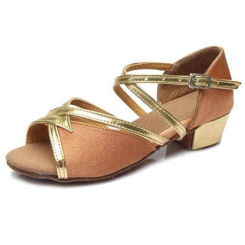 Tango Salsa Latin Low Heel Soft Bottom Dance Shoes for Girls & Women, Shoe Size:28(Brown)